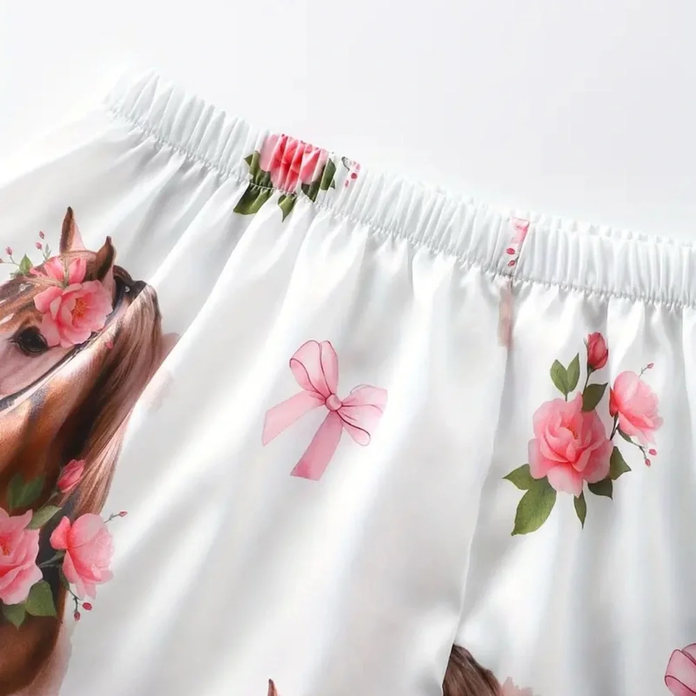 Horse Print Pajamas Set Floral Equestrian Style  Size L Pink White Satin